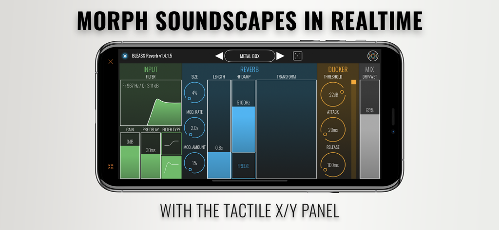 BLEASS Reverb app interface on iPhone showing tactile controls and real-time morphing parameters