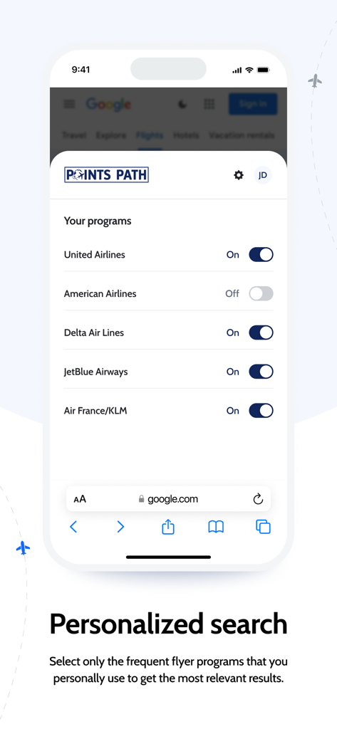 Points Path - Interface móvel do Points Path mostrando alternâncias para selecionar programas de fidelidade para resultados de busca personalizados