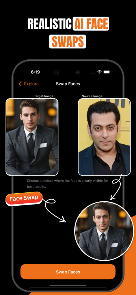 AI Face Swap - Swapli - Interfaz de la aplicación Swapli que muestra un intercambio de rostros con IA realista entre una imagen de destino y una de origen