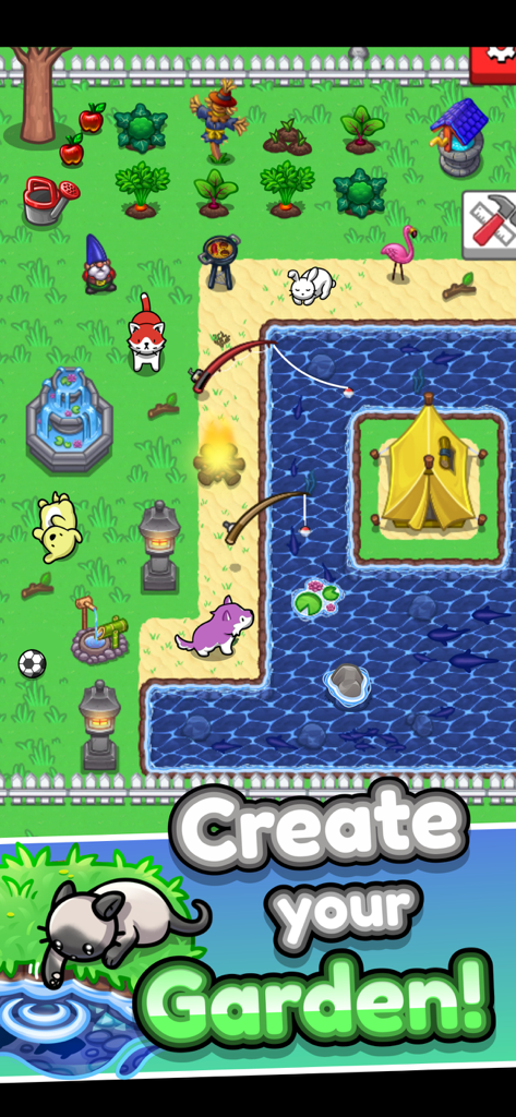 Pet Idle - A colorful virtual garden in Pet Idle featuring pets like cats and bunnies alongside a pond and garden decorations