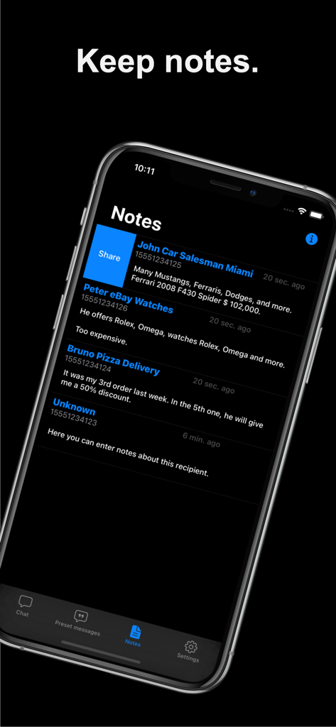 Schermata delle note di DirectChat Messenger che mostra i dettagli del contatto e i promemoria delle transazioni