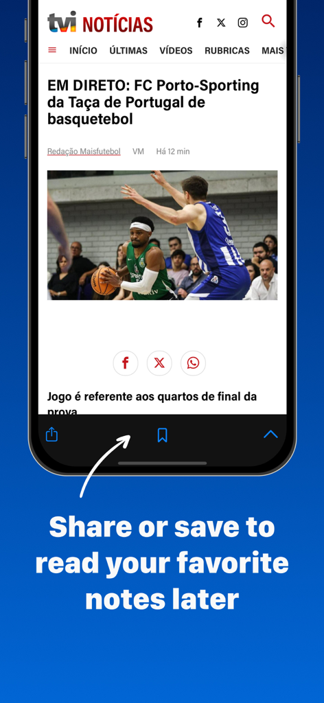 Portuguese Newspapers - Interface of the Portuguese Newspapers app showing the option to share or save a news article about basketball