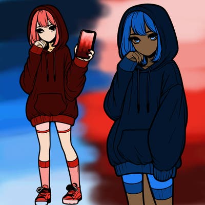 realistic girl who looks tired and is wearing an oversized hoodie and knee high socks and is holding a phone