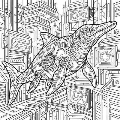 Unleash your creativity with this incredible Mauriciosaurus Cyberpunk coloring page, blending ancient marine life with a high-tech, futuristic aesthetic. Discover intricate details and robotic elements as you bring this unique prehistoric-meets-sci-fi scene to life.