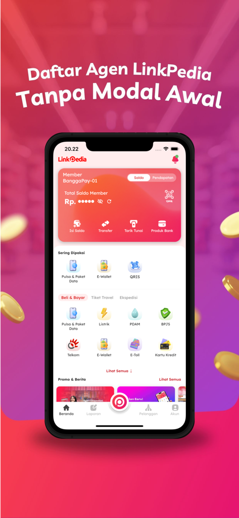 Agen LinkPedia - Pantalla de inicio de la aplicación Agen LinkPedia mostrando opciones de recarga móvil y pago de facturas de servicios públicos