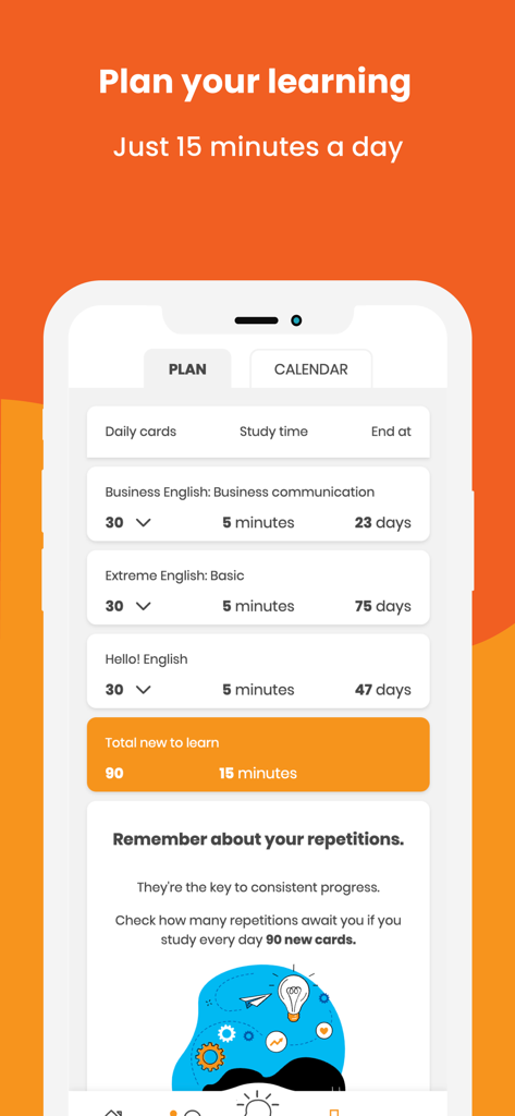 SuperMemo – effective learning - SuperMemo app interface showing a 15 minute daily learning plan across multiple language courses