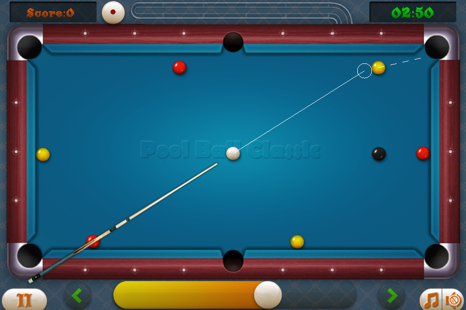 Pool Ball Classic - Billiards gameplay in Pool Ball Classic showing a cue stick aiming at a white ball on a blue table