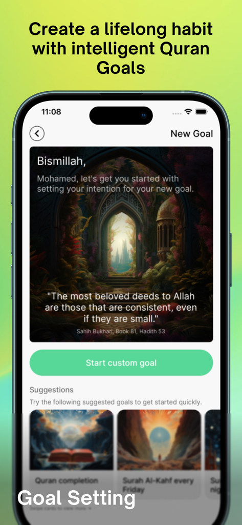Interface of the Tarteel app showing Quran memorization goal setting features and habit tracking suggestions.