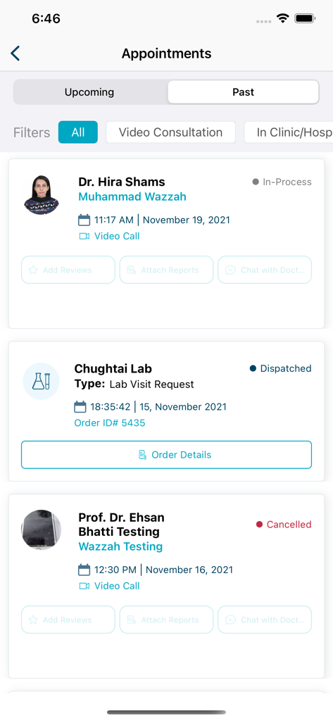 A screen from the Marham app showing a list of past medical appointments and lab test requests.