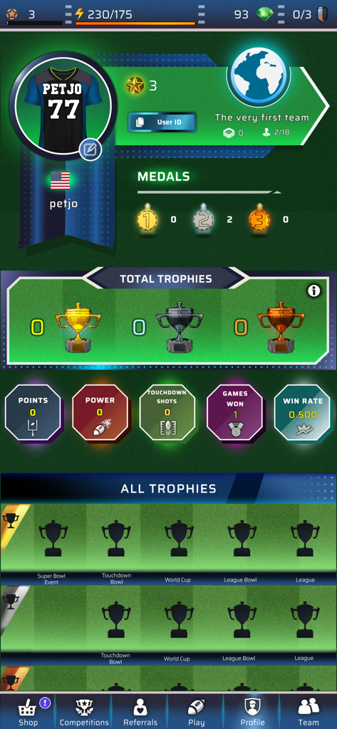 Touchdown - Football PvP Game - User profile dashboard in Touchdown Football PvP Game showing player statistics medals and trophy collection