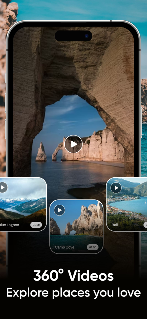 Una pantalla de smartphone mostrando un reproductor de vídeo de 360 grados con varios destinos de viaje y paisajes
