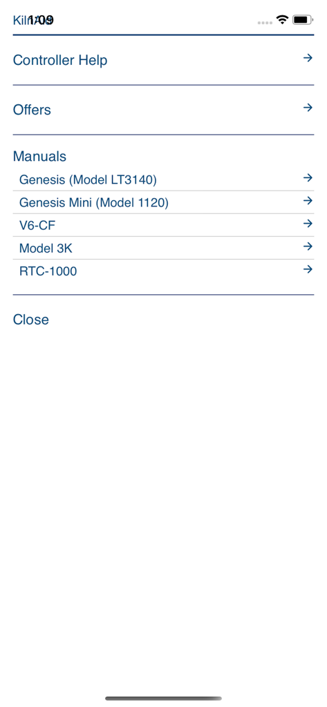 Bartlett KilnAid - List of kiln controller manuals in the Bartlett KilnAid app including Genesis and V6-CF models
