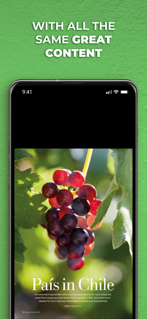 A smartphone screen displaying a Decanter Magazine article about Chilean wine with a high-resolution photo of grapes on a vine.