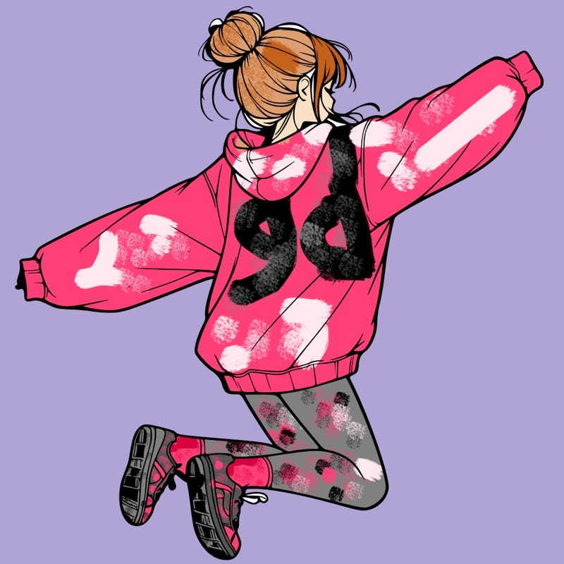 realistic girl jumping with a bun and oversized sweatshirt