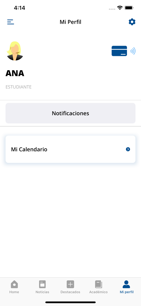 Pantalla de perfil de estudiante en la aplicación UAX que muestra un carné universitario digital y acceso al calendario