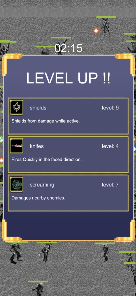 Mariam Game - Mariam Game action mode level up screen with skill upgrades for shields knifes and screaming