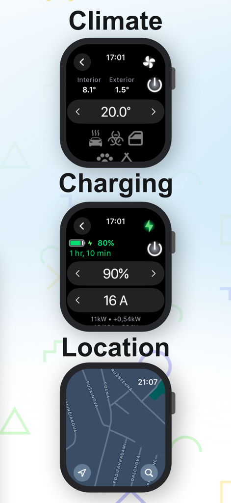 Teswear: Watch app for Tesla - Apple Watch screens for Teswear showing Tesla climate charging and location
