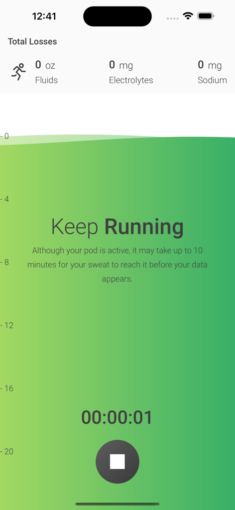 Nix Solo - Nix Solo App-Dashboard, das die Echtzeitverfolgung von Schweiß- und Elektrolytverlust während eines Trainings anzeigt.