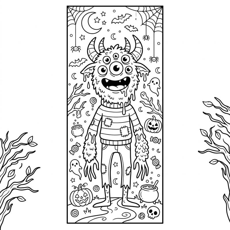 Get ready for a howling good time with this adorable Halloween monster bookmark coloring page! Featuring a friendly, multi-eyed creature amidst festive spooky details, it's perfect for marking your favorite scary tales.
