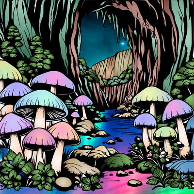 realistic cave full of beautiful mushrooms