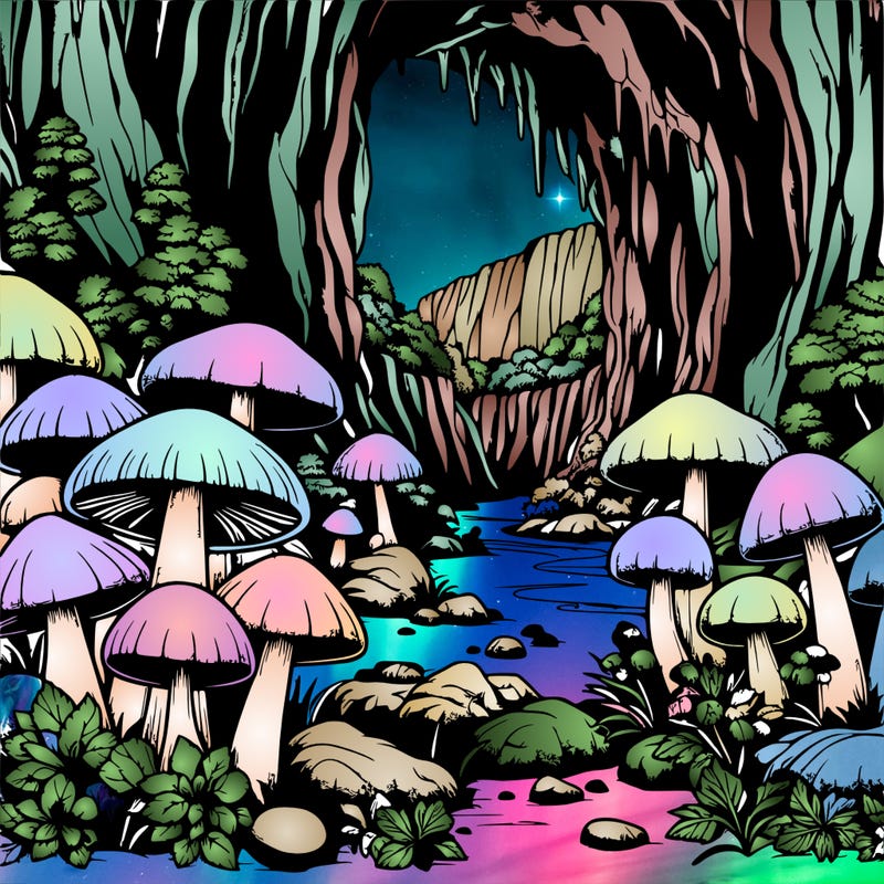 realistic cave full of beautiful mushrooms