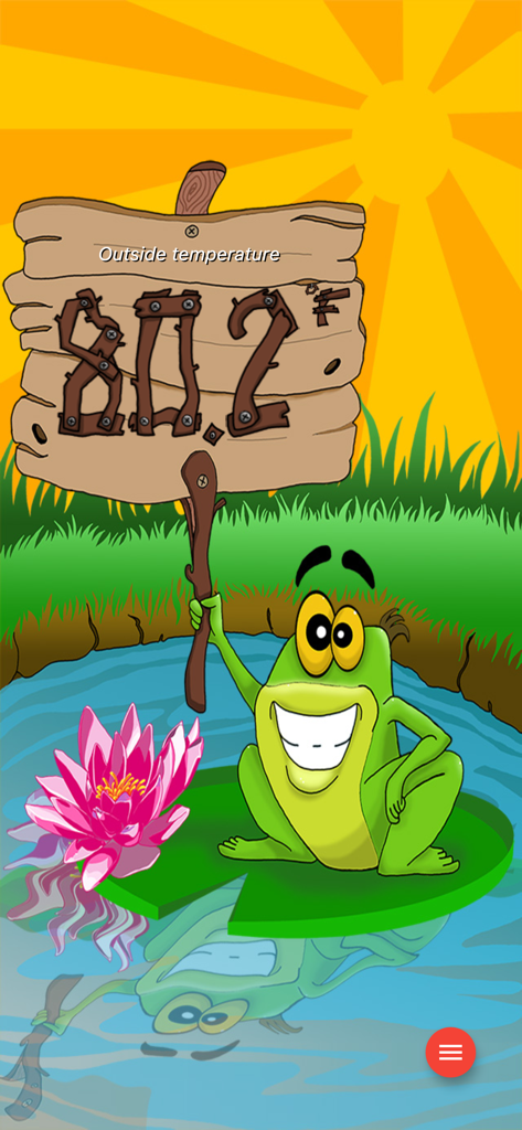 @Thermometer - A cartoon frog theme for the thermometer app showing a precise temperature of 80.2 degrees on a wooden sign
