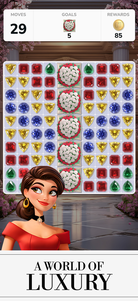 GFAL Diamond Dreams Match - Match-3 puzzle grid with colorful gems and a luxury character in Diamond Dreams Match.