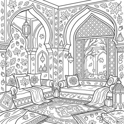 Step into a world of autumn tranquility with this stunning Harem Quarters coloring page, brimming with intricate details and seasonal charm. Enjoy coloring ornate architecture, plush furnishings, and a bounty of fall-themed decor.