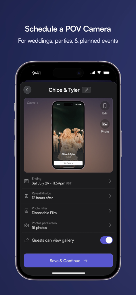 Smartphone screen showing the setup for a digital disposable camera event with settings for photo limits and reveal times.