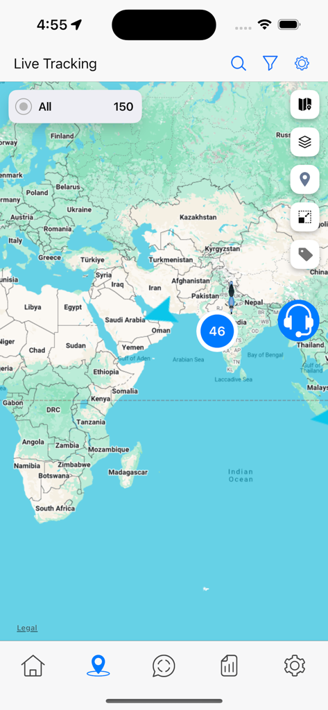 CONNECT PLUS GPS - Pantalla de rastreo en vivo de la aplicación CONNECT PLUS GPS que muestra un mapa mundial con ubicaciones rastreadas.