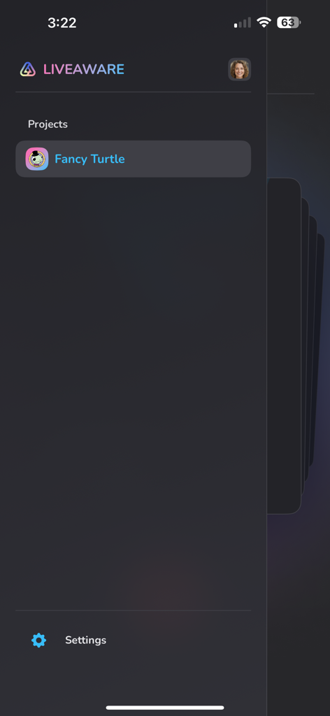 Live Aware: Mobile Streaming - Live Aware mobile app projects selection menu showing a project named Fancy Turtle