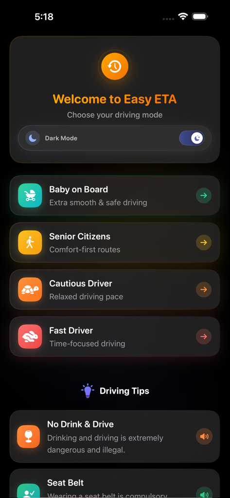 Pantalla de bienvenida de la aplicación Easy-ETA que muestra opciones de modo de conducción personalizadas como Bebé a Bordo y Personas Mayores.