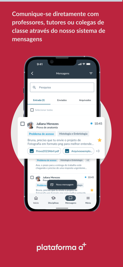 A smartphone displaying the messaging screen of the Plataforma A app where students can communicate with professors and tutors.
