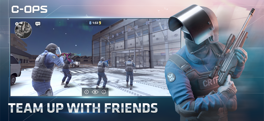 Critical Ops gameplay screenshot showing a tactical team in a snowy environment with a sniper in the foreground and the text Team Up With Friends
