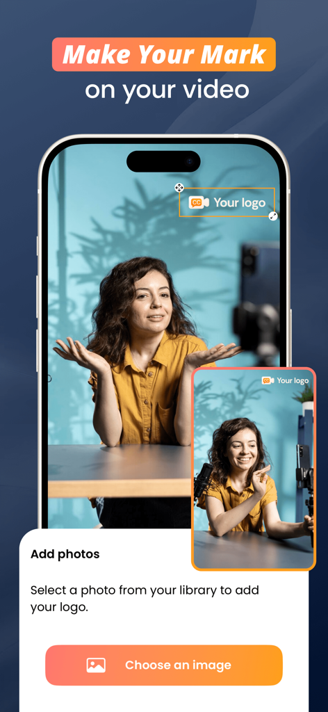 Captions Maker: Video Subtitle - Captions Makerのモバイルインターフェース。カスタムブランドロゴを動画録画にオーバーレイする機能が表示されています。