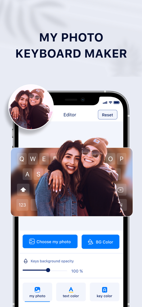 My Photo Background Keyboard - Interfaz de aplicación móvil que muestra la personalización de un fondo de teclado con una foto personal y varios ajustes del editor.