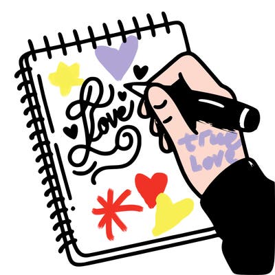 a hand writing “love” in calligraphy on a notebook