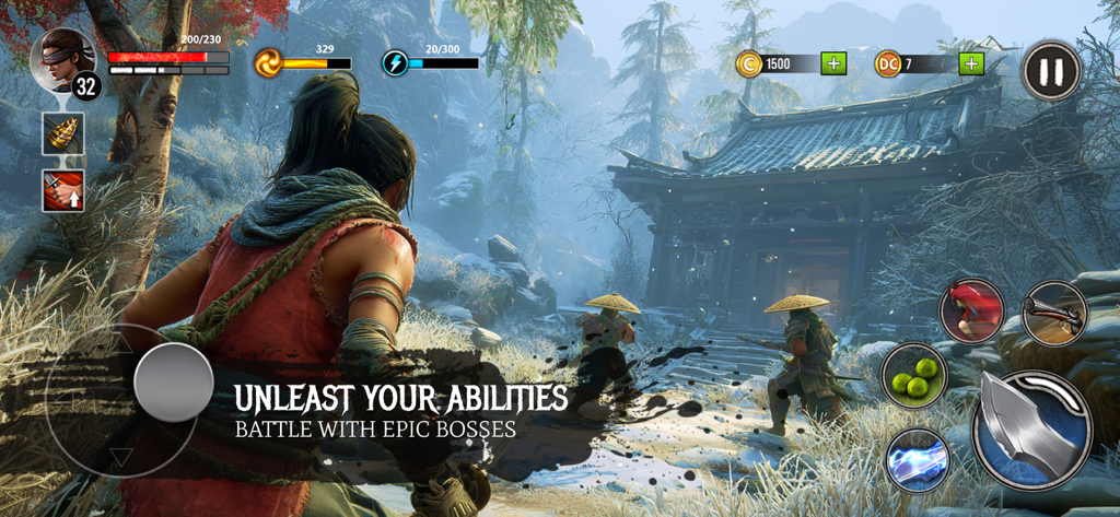 Ryuko enfrentándose a dos enemigos en un bosque nevado con un templo japonés al fondo