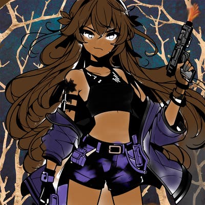 bad girl wearing crop top holding a gun long hair anime