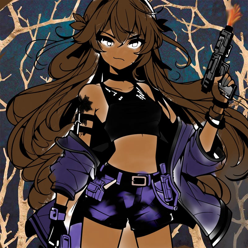 bad girl wearing crop top holding a gun long hair anime