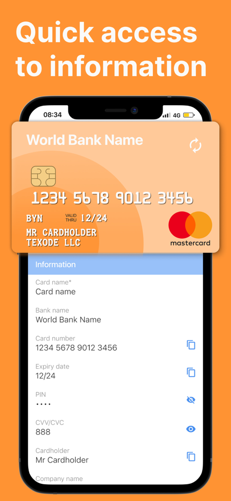 Secure Card Manager & Wallet - Interfaz de la aplicación Secure Card Manager que muestra los detalles de la tarjeta de crédito almacenados para un acceso rápido