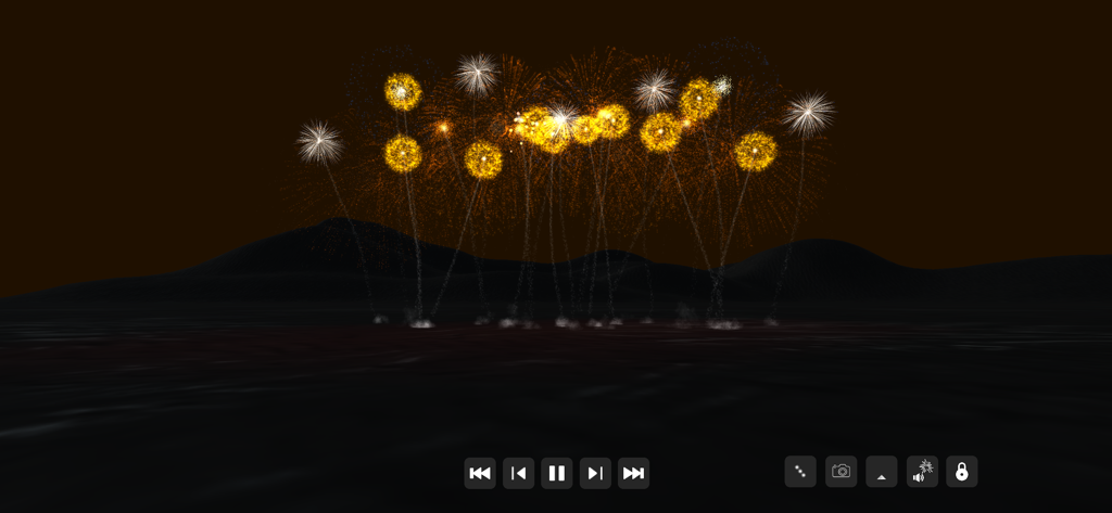 Pyro Simulator for iPhone - A realistic display of golden and white fireworks over a dark mountain landscape in Pyro Simulator