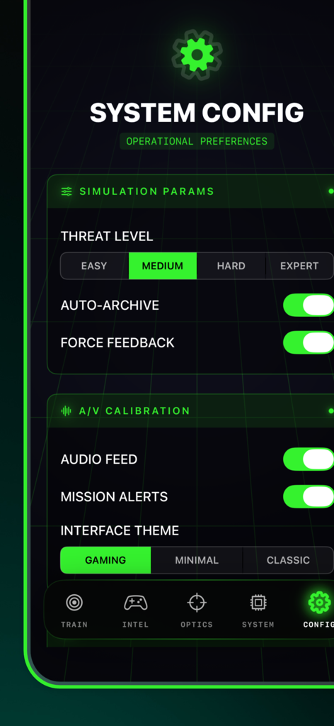 Crosshair V2 - FFH4x Pro - Schermata di configurazione del sistema Crosshair V2 con parametri di simulazione e impostazioni a tema di gioco.