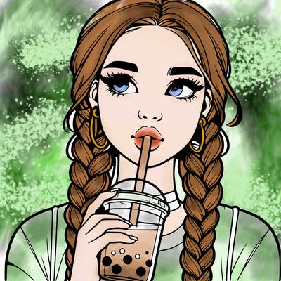 realistic girl with braided hair drinking boba