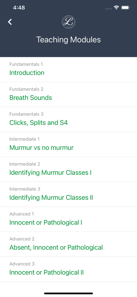 Interfaz de la aplicación Littmann University mostrando varios módulos de enseñanza para la auscultación médica.