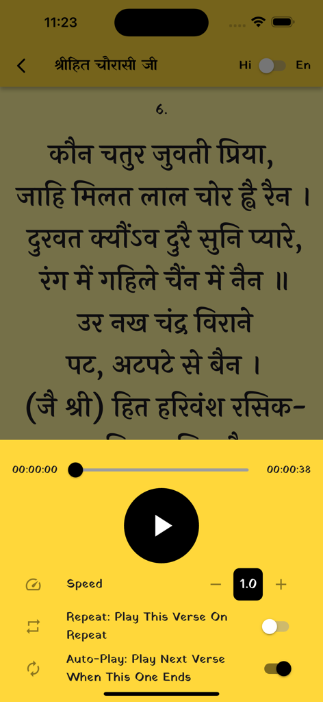 Radha Keli Kunj - Audio player interface in the Radha Keli Kunj app showing a Hindi verse from Shri Hit Chaurasi Ji with playback controls
