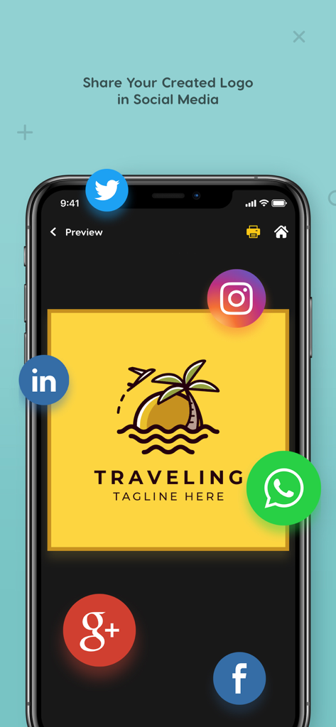 Logo Maker - logo design - Social media sharing screen in a logo maker app with a travel logo example