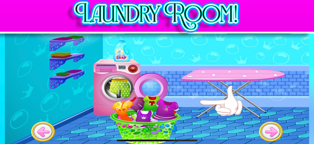 Escena de lavandería de princesa con una lavadora rosa, tabla de planchar y cesta de ropa llena de vestidos coloridos