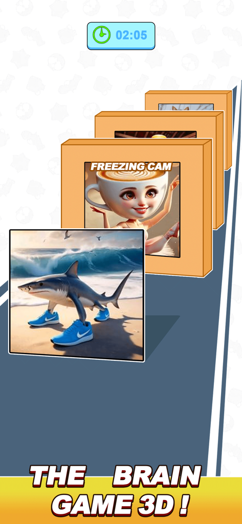 Tricky Mind Brainrot Challenge - A gameplay screenshot of Tricky Mind Brainrot Challenge showing stacked frames of surreal memes like a shark wearing sneakers