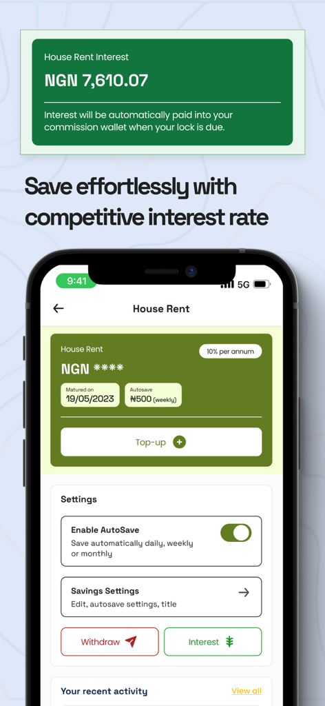 WATU Multipurpose Fintech App - Interface of the WATU fintech app displaying house rent savings with competitive interest rates and an autosave option.
